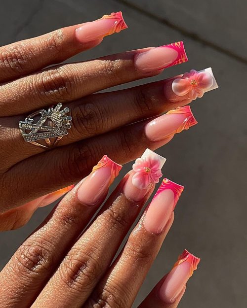 Summer Nails. Short Pink Colorful French tip