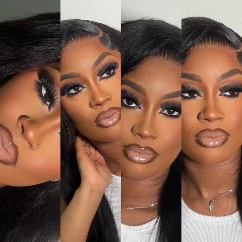 Black woman with make up. A brown lip liner and pale pink lipstick